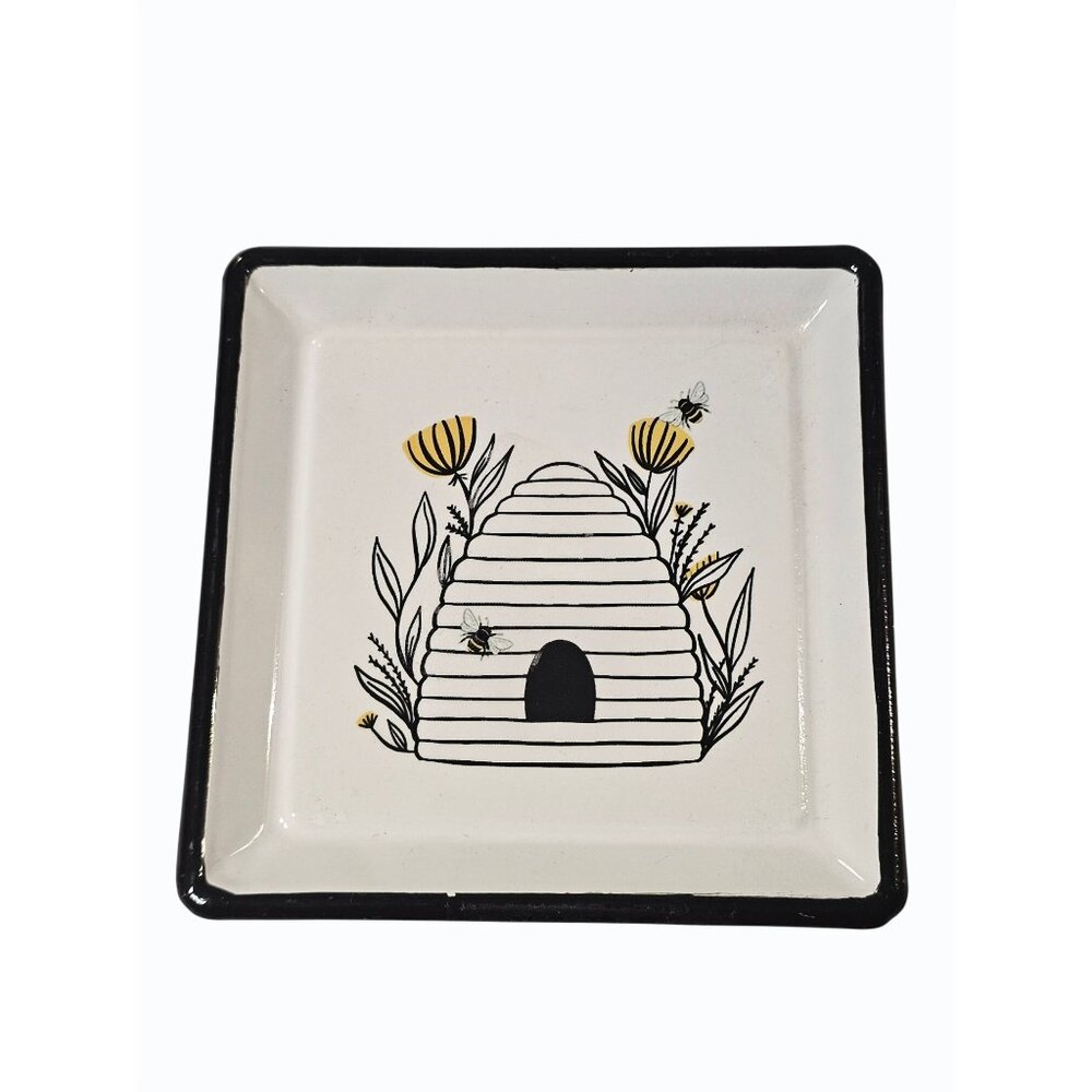 Set of 4 Decorative Metal Square Coaster Set Trinket Ring Dish Bee Hive Floral - Picture 5 of 8